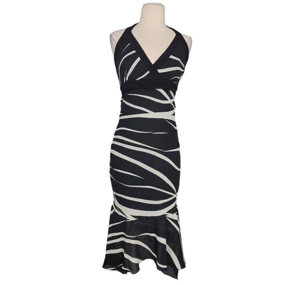 Vtg 90s Charlotte Russe Asymmetrical Halter Dress Sz 2XS Black White Zebra USA‎